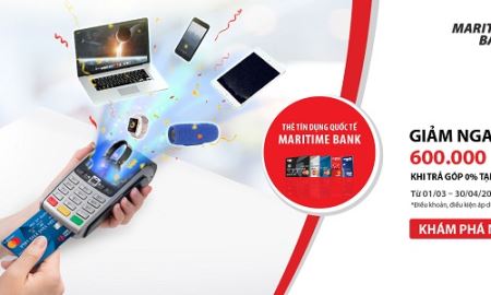 Chủ thẻ tín dụng Quốc tế Maritime Bank Mastercard được giảm ngay 4% kèm lãi suất 0% khi mua hàng trả góp tại FPT Shop 