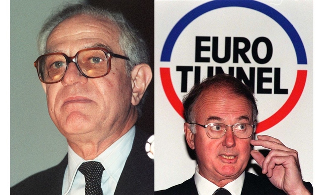 <p>
<strong>1986: Tập đoàn Eurotunnel được thành lập để vận hành đường hầm<br /> </strong><br />Tập đoàn Pháp-Anh này chịu trách nhiệm vận hành đường hầm eo biển Manche và sẽ thu phí từ đường sắt. Vào ngày 23 tháng 9 năm 1986, André Bérard (phải) và Alastair Morton (trái) trở thành đồng chủ tịch đầu tiên của Eurotunnel.</p>