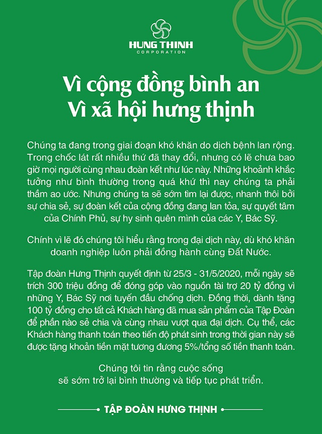 Tập đoàn Hưng Thịnh tài trợ 20 tỷ đồng cho y, bác sỹ chống dịch và tặng khách hàng 100 tỷ đồng