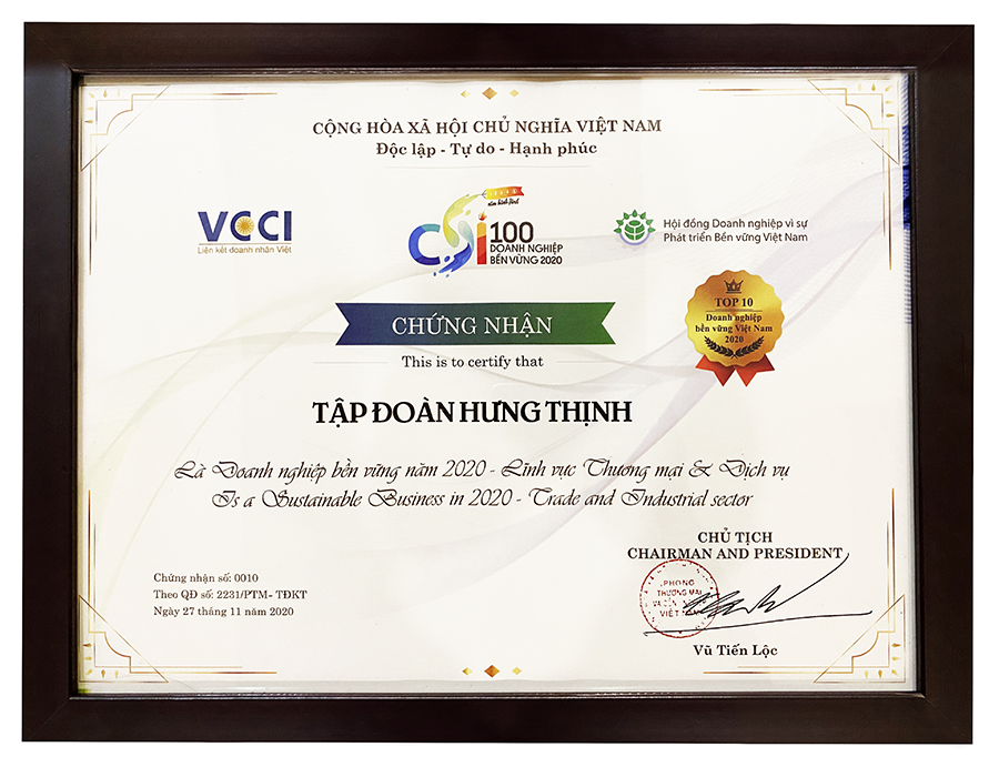 Tập đoàn Hưng Thịnh vào Top 10 doanh nghiệp bền vững tại Việt Nam năm 2020