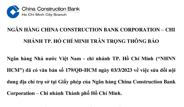Ngân Hàng China Construction Bank Corporation - CN TP.HCM