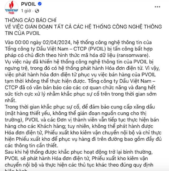 PVOIL bị tấn công mạng, hệ thống phát hành hoá đơn điện tử bị ngưng trệ